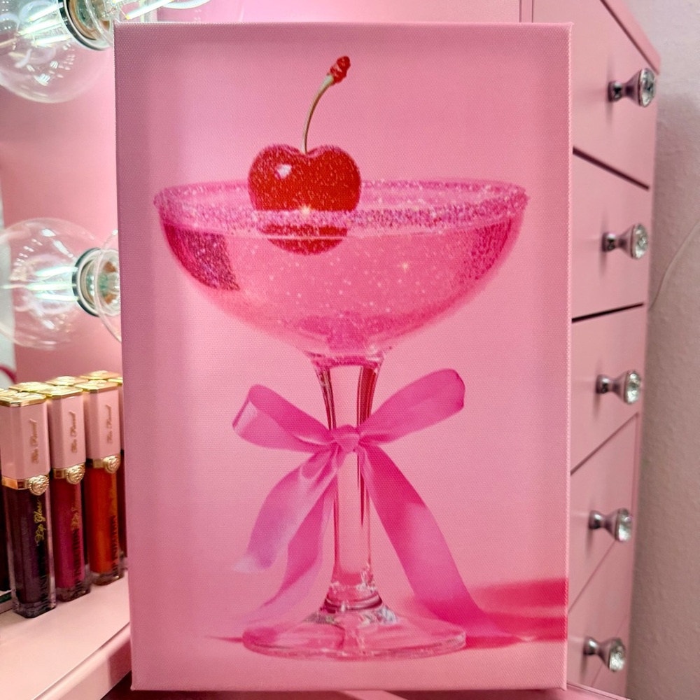 Pink Bow Cherry Glass Drink Picture Canvas Girly Wall Decor Sign